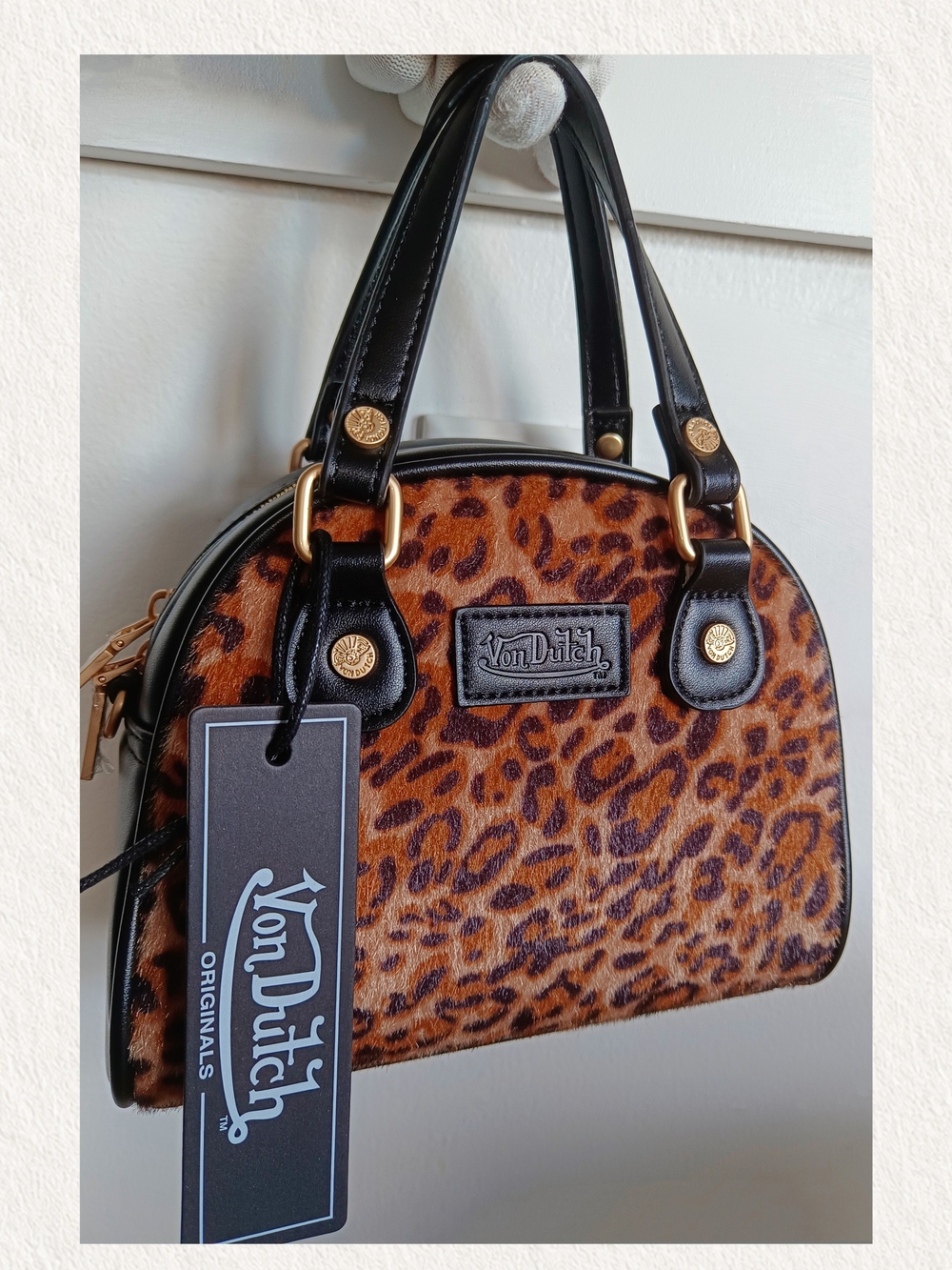 NWT Von Dutch Leopard Vegan Pony Hair Bowling Bag Handbag Crossbody